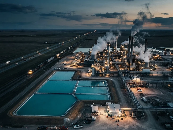 Turquoise solution-mining evaporation ponds beside a nitrogen fertilizer plant on the Saskatchewan prairie at dusk