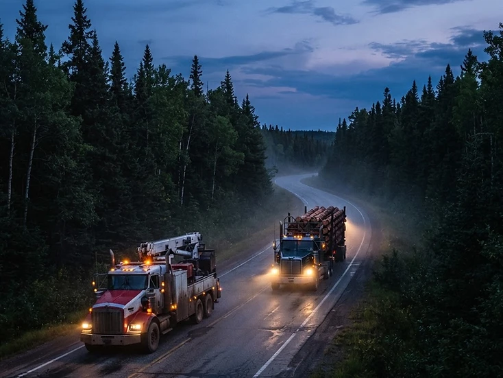 Logging trucks and energy-service trucks on a boreal corridor near Swan Hills, Alberta