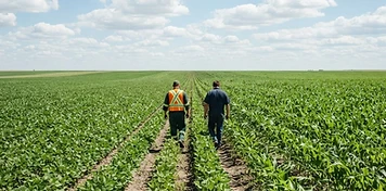 Agronomists walking between crop rows in the Red River Valley near Morris, Manitoba