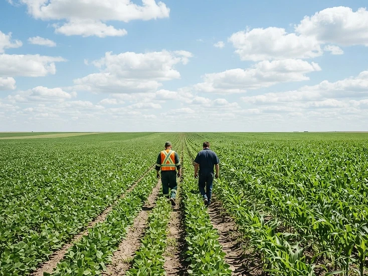 Agronomists walking between crop rows in the Red River Valley near Morris, Manitoba