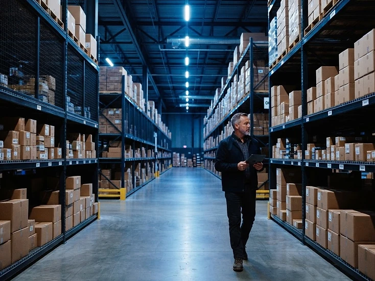 Canadian business owner walking through a blue-lit inventory warehouse aisle