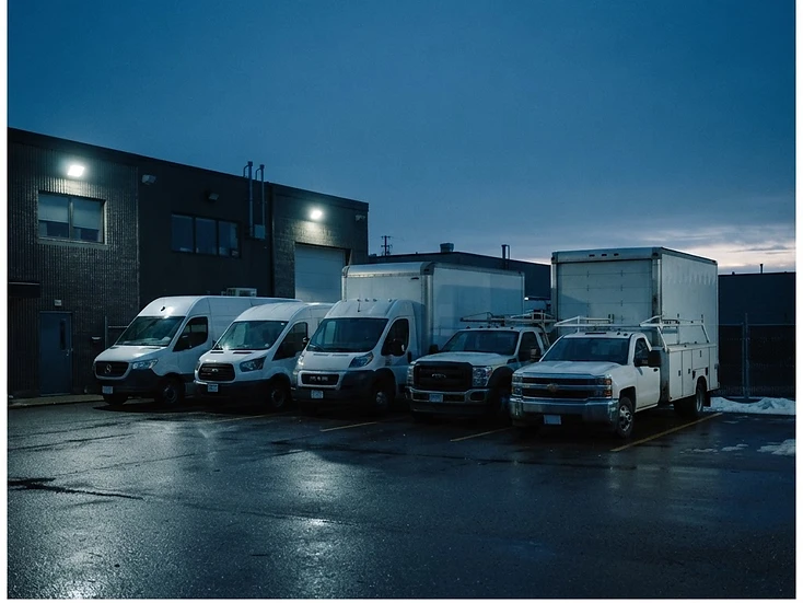 Commercial work vans and pickup trucks parked in a business yard before dawn