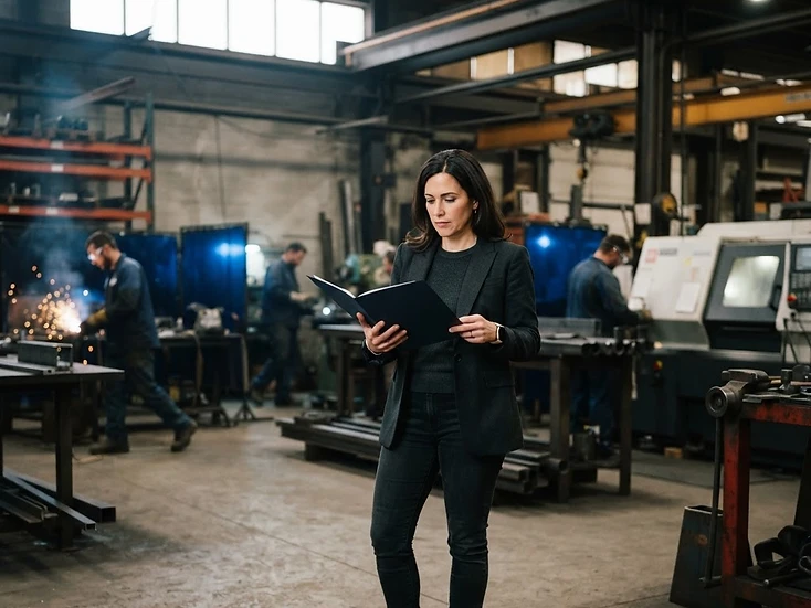 Entrepreneur reviewing documents inside the established business being acquired