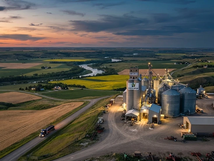 Seed plant and grain facility above river-valley farmland with a grain truck on a valley road near Peace River at dusk
