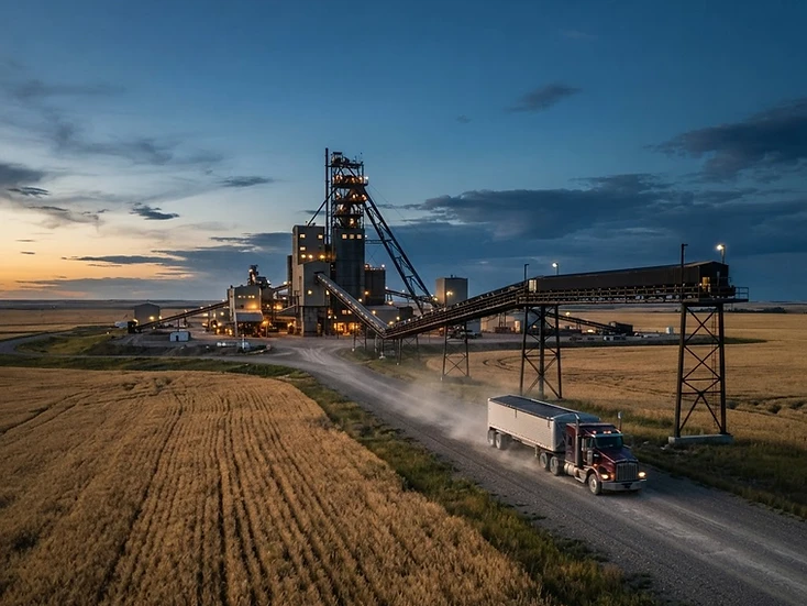 Potash mine headframe rising above golden Prairie wheat fields with a grain truck on a grid road at dusk
