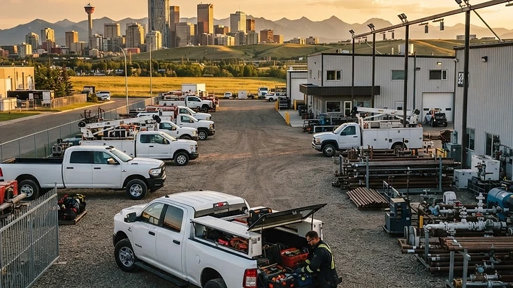 Industrial service yard with service trucks, pipe racks and field equipment near Calgary at golden hour