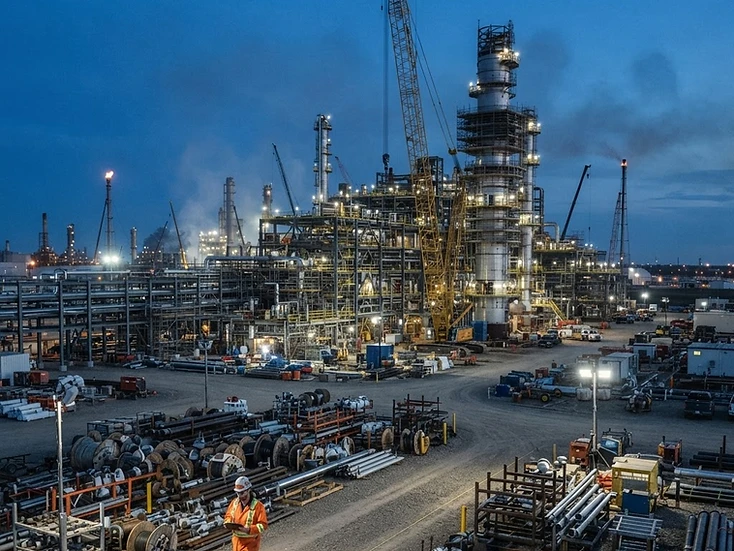 Petrochemical construction site with cranes and pipe fabrication yard in Fort Saskatchewan at dusk