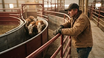 Illustrative Canadian livestock-handling facility — a cattle producer working cattle through a modern handling system.