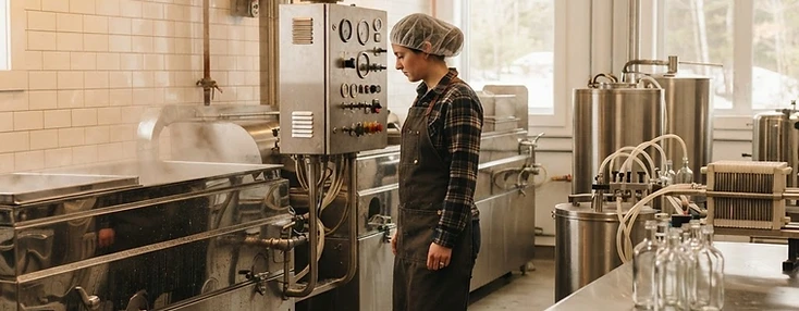 Operator monitoring stainless maple-processing and bottling equipment in a Saint-Quentin production room.