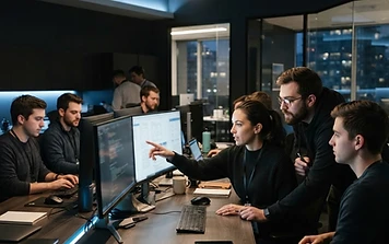 Canadian technology team collaborating around monitors in a modern office.