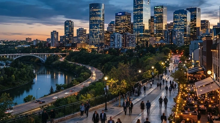 Downtown Edmonton office towers and business avenue with pedestrians and restaurant patios at dusk above the river valley