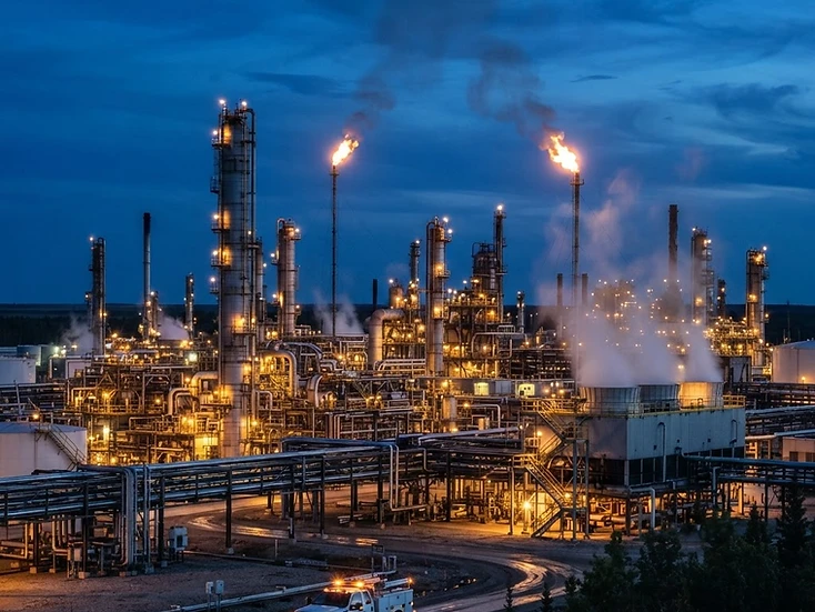 Refinery and petrochemical complex with pipework and flare tips near Sherwood Park at dusk