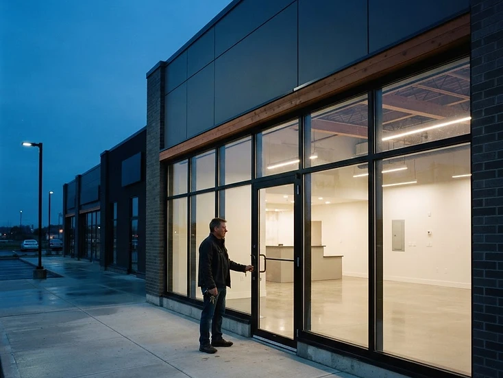 Owner unlocking a clean unbranded commercial franchise-style location