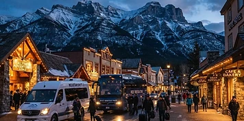 Mountain resort service street with shuttle bus, coach and warmly lit hotel entrance under Rocky Mountain peaks in Banff at dusk