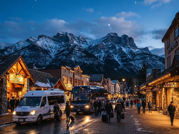 Mountain resort service street with shuttle bus, coach and warmly lit hotel entrance under Rocky Mountain peaks in Banff at dusk