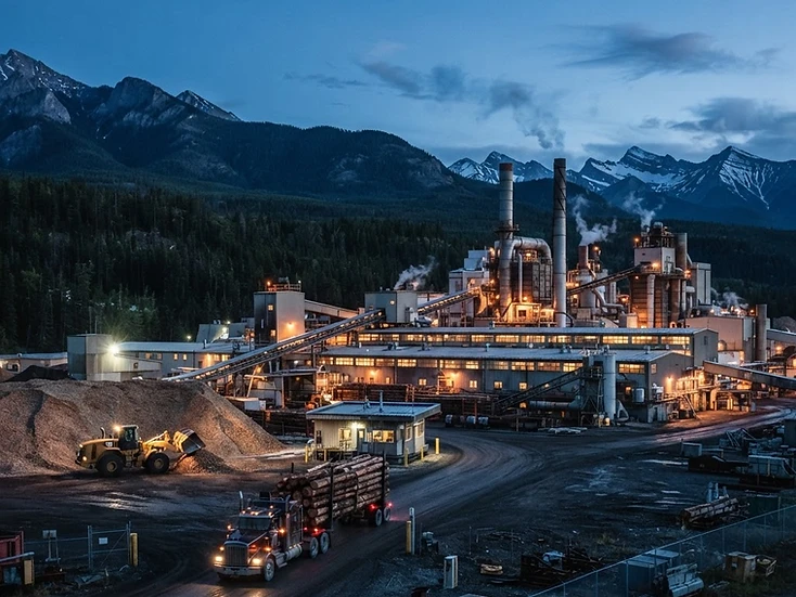 Pulp mill with recovery stacks and chip pile loader in Hinton with the mountain gateway horizon at dusk