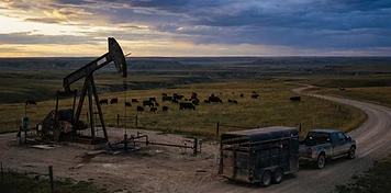Oil well pumpjack on shortgrass prairie beside cattle grazing land and a stock trailer at golden hour in southwest Saskatchewan