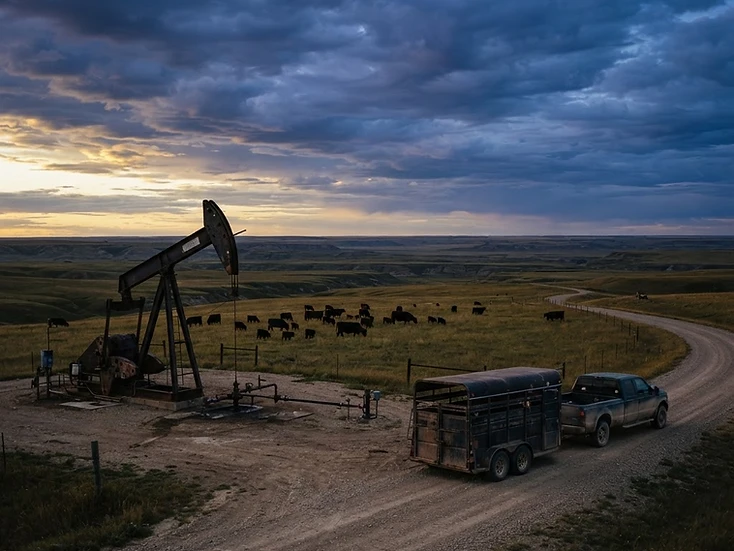 Oil well pumpjack on shortgrass prairie beside cattle grazing land and a stock trailer at golden hour in southwest Saskatchewan