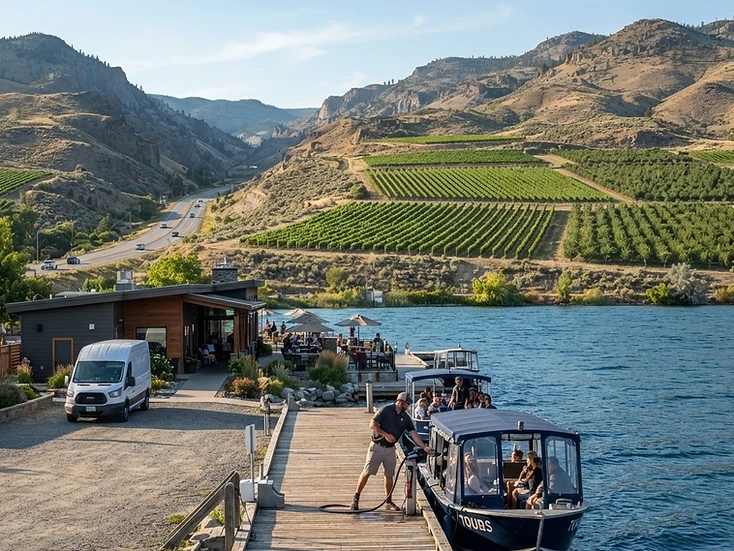 Desert-lake vineyards and border-town businesses in Osoyoos, BC