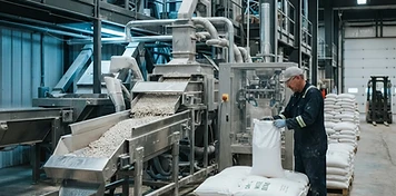 Dry-bean cleaning and bagging line inside a southern Manitoba processing plant