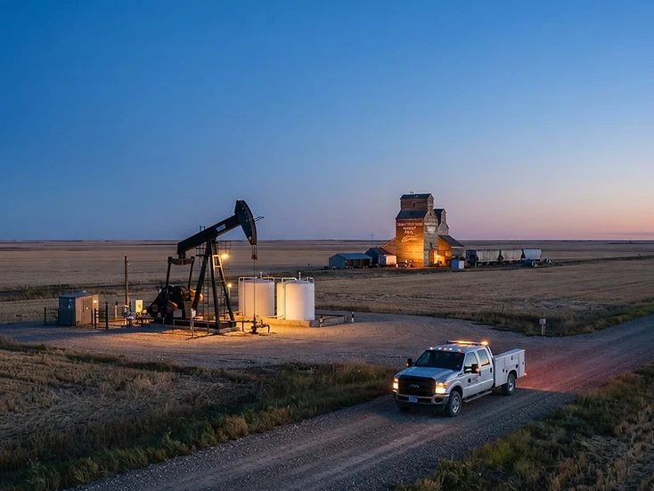 Pumpjacks beside a grain elevator on the west-central Saskatchewan prairie at dusk