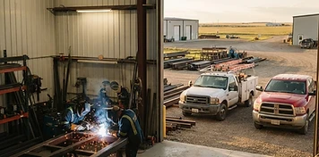 Fabrication shop with welding bays and shop trucks in an industrial park in Martensville, Saskatchewan