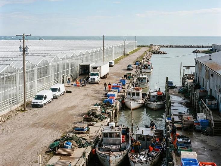 Greenhouses and commercial fishery businesses in Kingsville, Ontario
