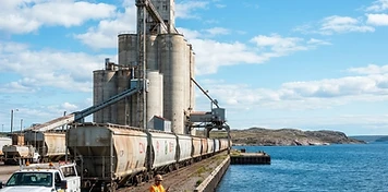 Grain rail cars and a port worker at the Port of Churchill terminal on Hudson Bay