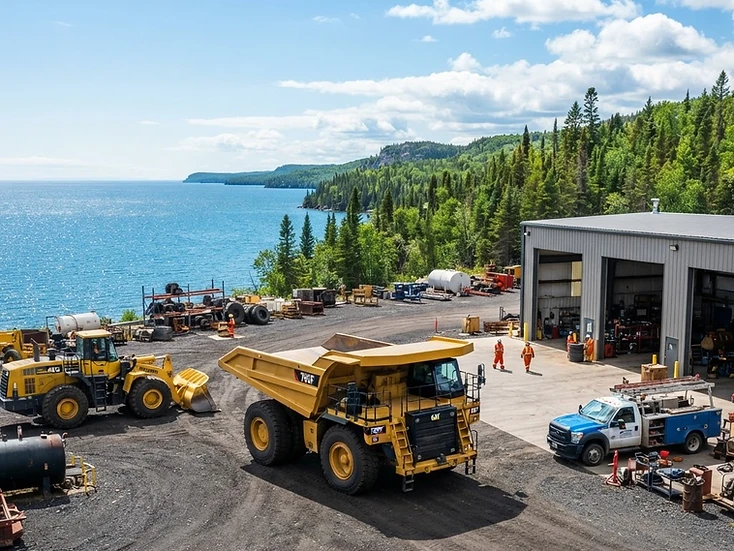 Haul truck and mining-service equipment at a bright Marathon-area supply base, Ontario