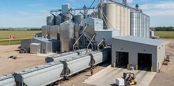 Workers and rail cars at the loading siding of a bright Manitoba agri-food processing plant