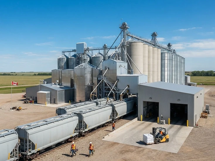 Workers and rail cars at the loading siding of a bright Manitoba agri-food processing plant