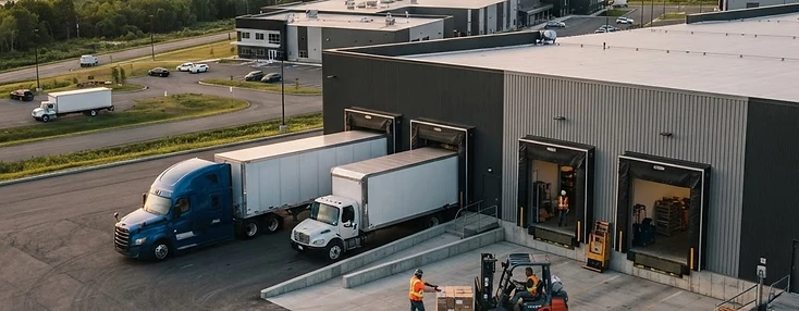 New Brunswick business landscape: commercial trucks at a modern distribution campus with a river valley and forested hills beyond.
