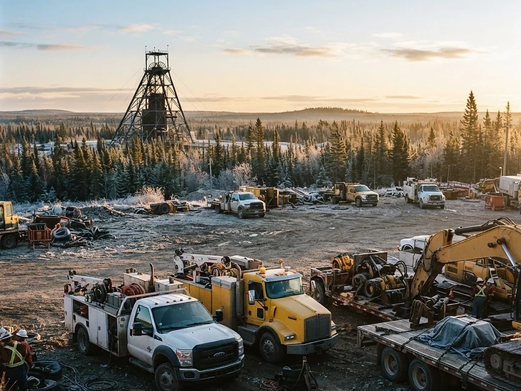 Mine-service trucks and industrial yards in Timmins, Ontario