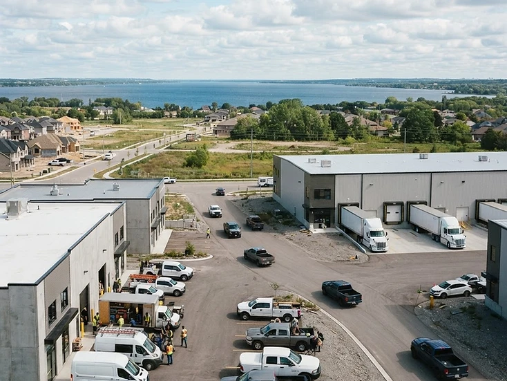 Crew trucks and trades at a growing commercial development in Innisfil, Ontario