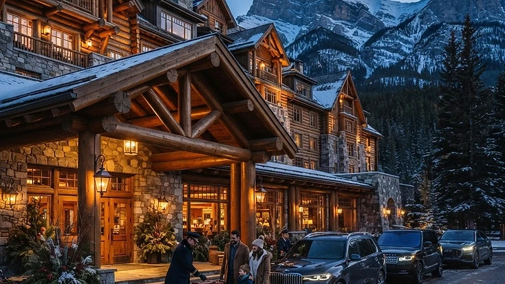 Arriving guests at a timber-and-stone mountain lodge entrance in Banff at dusk