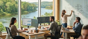Small technology team collaborating in a modern Fredericton office with the river visible through the windows.