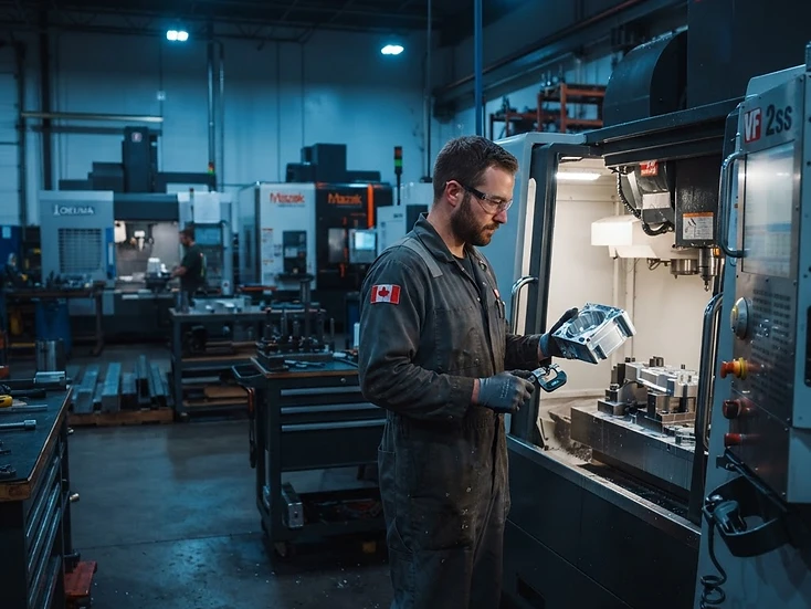 Technician inspecting a machined part beside CNC machinery in a blue-lit machine shop