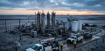 Heavy-oil battery site with vertical treaters and white storage tanks on the border prairie at dawn, service trucks along the lease road
