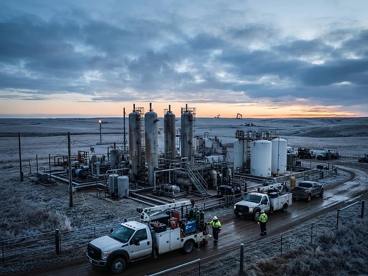 Heavy-oil battery site with vertical treaters and white storage tanks on the border prairie at dawn, service trucks along the lease road