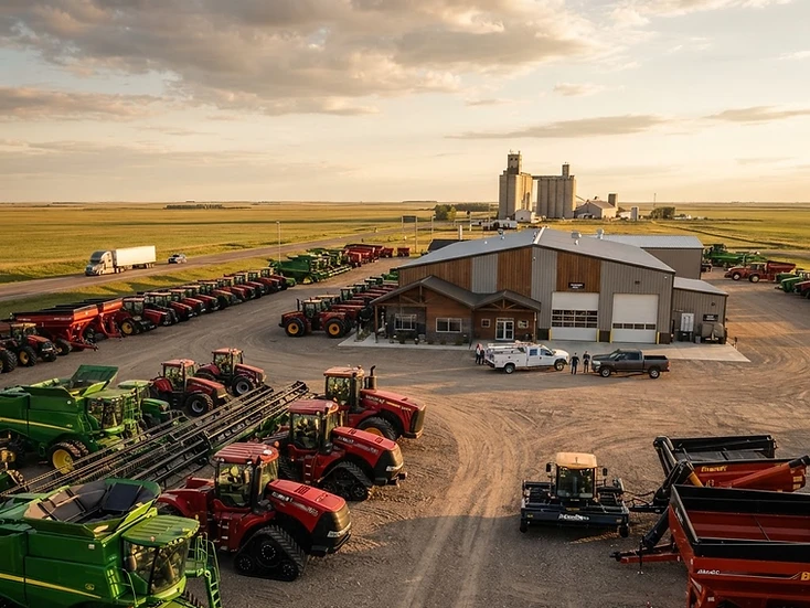Large agricultural equipment dealership yard with combines and service trucks on Highway 7 at Rosetown, Saskatchewan
