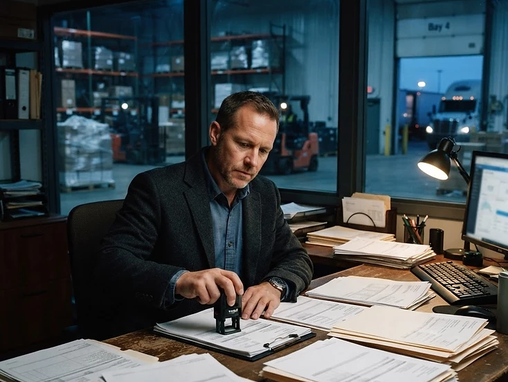 Logistics business owner stamping and sorting B2B invoices in an office beside a loading dock