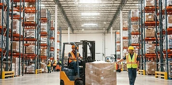 Forklift crew moving pallets through a sunlit Vaughan distribution warehouse, Ontario