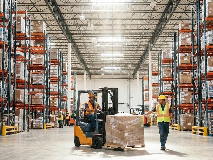 Forklift crew moving pallets through a sunlit Vaughan distribution warehouse, Ontario