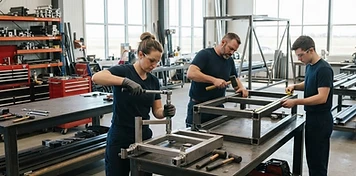 Tradespeople assembling equipment components at workstations in a bright Manitoba production workshop