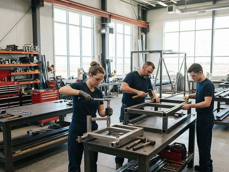 Tradespeople assembling equipment components at workstations in a bright Manitoba production workshop