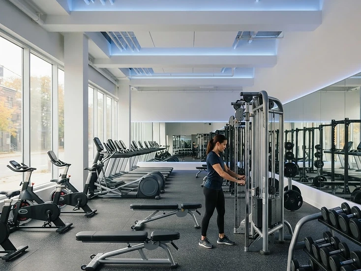 Modern fitness business interior with unbranded equipment before opening