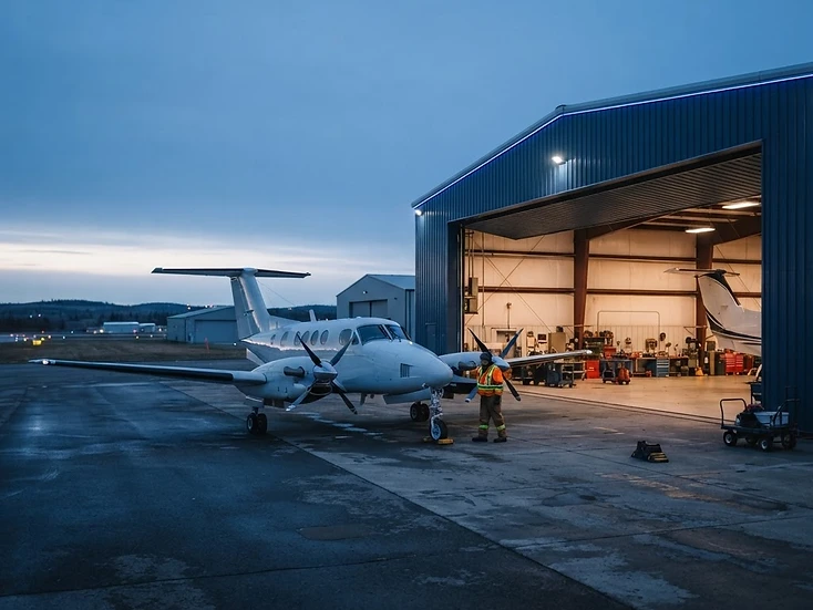 Business aircraft and aviation service professional at a regional airport hangar at dawn