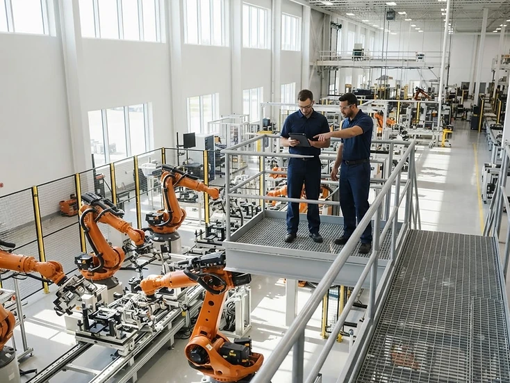 Technicians overseeing robotic assembly arms in a bright Kitchener manufacturing plant, Ontario