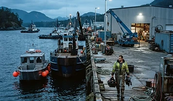 Commercial vessels and marine service operations at a working Canadian harbour