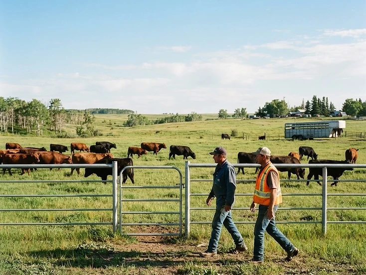Ranchers walking a pasture fence line as cattle graze at a bright Parkland ranch
